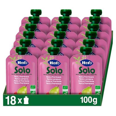 Hero Solo - Gourde de Fruits Bio avec Framboise Poire et Jus de Citron - Sans Conservateurs, Colorants, Huile de Palme, Gluten ni Sucres Ajoutés Dès 4 Mois 100gx18 unités