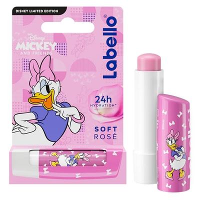 LABELLO Soft Rosé Daisy Duck Limited Edition Disney (1 x 5,5 ml), idratante per labbra in madreperla per bambini, balsamo per labbra nutriente con idratazione di lunga durata
