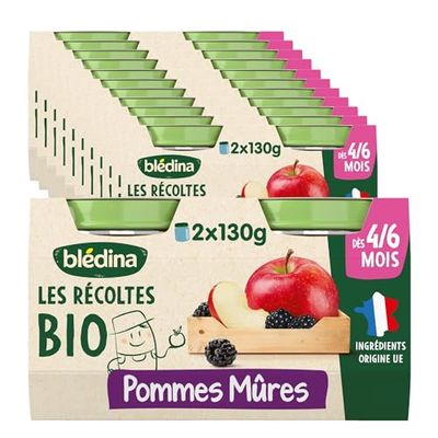 Blédina - Les Recoltes Bio - Petits pots pour bébé - Pommes Mûres - Recette BIO et simple - Dès 6 mois - 24 pots de 130g