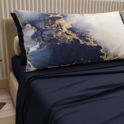 PETTI Artigiani Italiani - Sábanas de algodón con Fundas de Almohada de impresión Digital, sábanas matrimoniales, Juego de Cama de Matrimonio, Azul Noche, 100% Fabricado en Italia