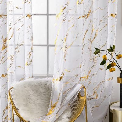 Sutuo Home Marble White Sheer Curtains 84 Inch Length, Gold Foil Print Metallic Bronzing, Privacy Window Treatment Decor Abstract Drape Pair 2 Panels Set for Bedroom Kitchen Living Room 52" W x 84" L