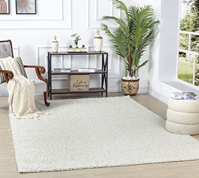 Livabliss Home Tapis Shaggy Uni - Tapis de Couloir, Salon, Salle à Manger, Chambre, Cuisine, Entrée - Poil Long Moelleux et Doux, Beige Motif Berbère, Carpette Chambre Monochrome 120x170 cm - Blanc