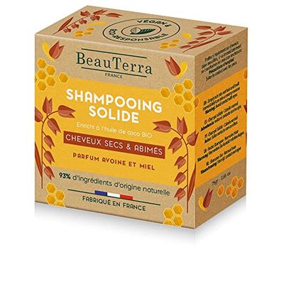 BeauTerra - Shampooing Solide pour Cheveux Secs et Abîmés - à l'Huile de Coco - Fabriqué en France - Eco-conçu et Zero Déchet - 75gr