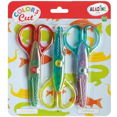 Aladine - Colors Cut Cranteurs - Lot de 3 Ciseaux Cranteurs - Loisirs Créatifs Enfant - Ergonomie et Sécurité - À partir de 5 ans