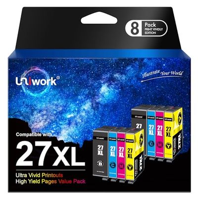 Uniwork Cartucce per stampante multipack 27XL compatibili per Epson 27 XL Workforce WF-3620 WF-3640 WF-7110 WF-7210 WF-7610 WF-7620 WF-7710 WF-7715 WF-7720 (confezione da 8), la confezione può variare