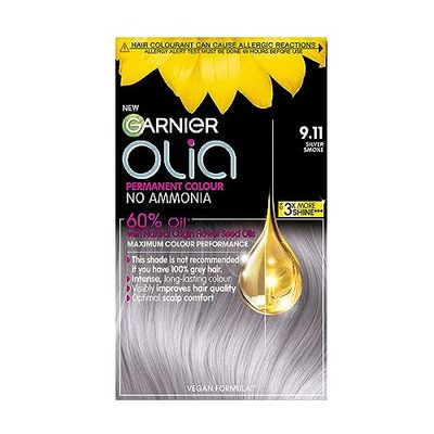Garnier Olia Permanent Hair Dye, No Ammonia, Full Grey Coverage, Long-lasting Colour & Shine, Vegan Formula, Colour: 9.11 Silver Smoke, 230g