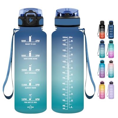 Grsta Vattenflaska - 1500 ml - Gym vattenflaska utan BPA, vattenflaska med sugrör, sportflaska med motiverande tidsmarkör, för studie, fitness, skola, kontor – blågrön