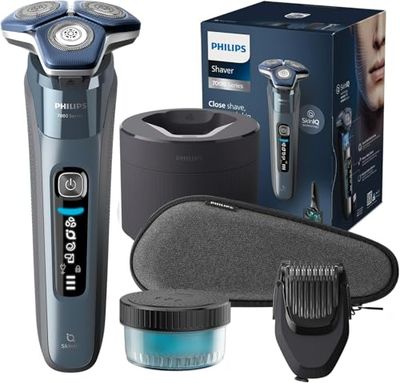 Philips S7000 - Rasoio elettrico Wet & Dry in blu ghiaccio con 1 rifinitore a scomparsa, regolabarba, custodia da viaggio, Quick Clean Pod e supporto di ricarica (modello S7882/54)