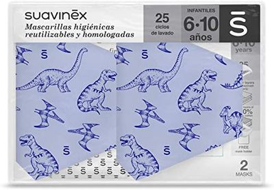 Suavinex Herbruikbare hygiënische maskers voor kinderen, gecertificeerd en goedgekeurd, 6-10 jaar, 3 lagen, 25 wascycli, gemaakt in Spanje, 2 stuks, lichtblauw - 29 g