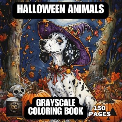 Halloween Animals Grayscale Coloring Book: 150 Pages Halloween Costumed Animals, Spooky Fall Animals with Pumpkins, for Adults and Kids, Stress Relief Coloring Pages