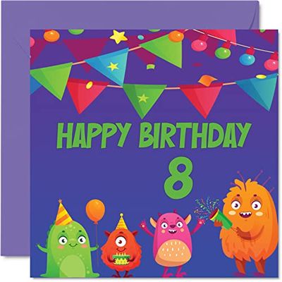 8th Birthday Card Boy Girl - Monster Birthday Card - Happy 8 Year Old Boy, Girls Boys Cards for Him Her, 145mm Greeting for Son Nephew Grandson Kid Children