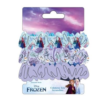 Disney Frozen Hair Scrunchies for Girls and Women, Non-Slip and Soft Ponytail Holder - 3 Scrunchies Set (2 Printed, 1 Solid Colour)