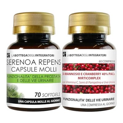 Set di Integratori per la Prostata e per le vie Urinarie | Serenoa Repens 70 Softgels + D-Mannosio e Cranberry con Semi di Pompelmo Uva Ursina e Vitamina C 60 Compresse | La Bottega Degli Integratori