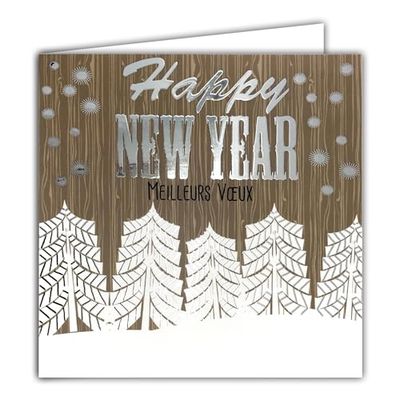 Vierkante kaart Happy New Year, beste zilveren glanzende wensen, met witte envelop, 15 x 15 cm, kerstbomen, hout, sneeuwvlokken, winter, gemaakt in Frankrijk