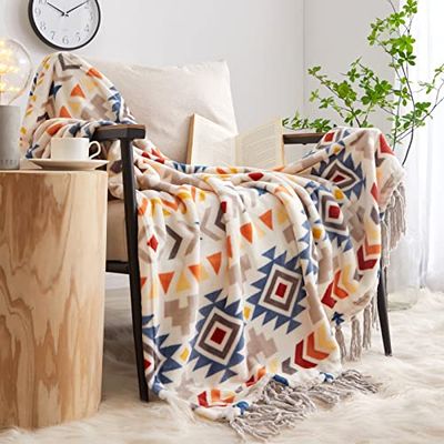 CASAAGUSTO Boho-överkast med tofs – färgglad dekorativ, tryckt flanell bohemisk filt för stol, säng, soffa, soffa (50 x 60, färgglad)