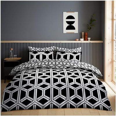 GC GAVENO CAVAILIA Set copripiumino singolo (135 x 200 cm) | Biancheria da letto reversibile e copripiumino geometrico | Set di biancheria da letto singolo in policotone | Lino lavabile | Nero/Bianco