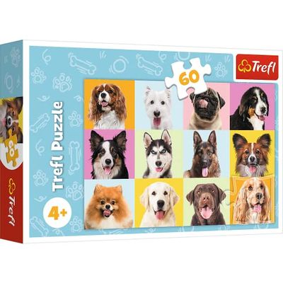 Trefl - Söta Hundar - Pussel 60 Bitar - Färgglada Pussel med Djur, Hundar, Collage, Kreativ Underhållning, Roligt för barn från 4 år