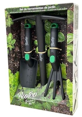 BioTop Set de Herramientas Premium fabricadas en Fibra de Vidrio y resina virgen Pala plantador, rastrillo y azuela ideales para tu huerto o jardín