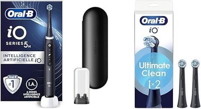 Oral-B Pack Brosse A Dents Electrique iO5, Brossettes Ultimate Clean, ORIGINALES, Lot De Manche Oral B Noir avec 1 Embout Rond Et 5 Modes Avec Douceur, 2 Têtes De Recharge, Brossage En Profondeur