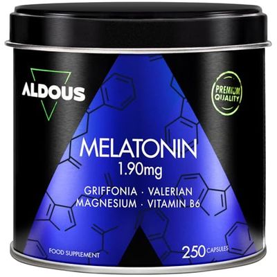 Melatonine 1,9 mg - 250 Gélules - 250 Nuits - 5HTP, Magnésium, Valériane, Vitamine B6 - Endormissement, Sommeil, Mieux Dormir - Insomnie - Sans édulcorants ni OGM, sans plastique - Fabriqué dans l'UE