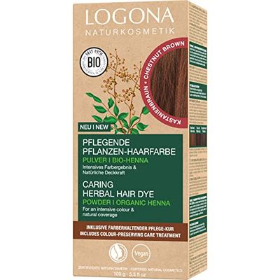 LOGONA Naturkosmetik närande vegetabilisk hårfärg, veganskt hårfärgspulver med ekologisk henna för intensiv färg och glans, växthårfärg i kastanjebrun (brun), 1 x 100 g