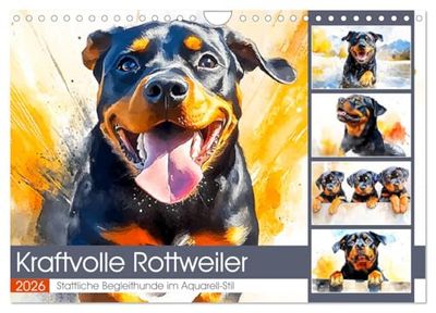 Kraftvolle Rottweiler. Stattliche Begleithunde im Aquarell-Stil (Wandkalender 2026 DIN A4 quer), CALVENDO Monatskalender: Die Kraft, Eleganz und ... Hunde in tollen Illustrationen