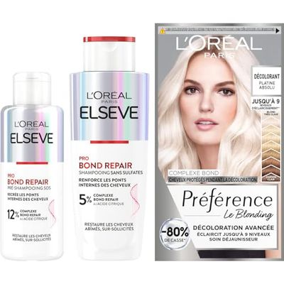 L’ORÉAL PARIS - Coffret Décoloration et Soin Réparateur - 3 Produits - Elseve Pro Bond Repair Pré-Shampooing Sos 200 ml + Shampooing sans Sulfates 200 ml + Préférence Décoloration Platine Absolu