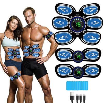 SEVEKO Elettrostimolatore Addominali, Elettrostimolatore Muscolare, Elettrostimolatore per Un Allenamento a Tutto Corpo, 6 modalità e 15 Intensità, 10 Ricambio Gel Pezzi