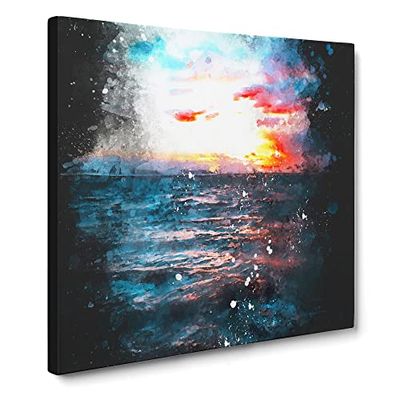 Moody Skies Above the Ocean Paint Splash Modern Canvas Wall Art Print Ready to Hang, Framed Picture for Living Room Bedroom Home Office Décor, 20x20 Inch (50x50 cm)