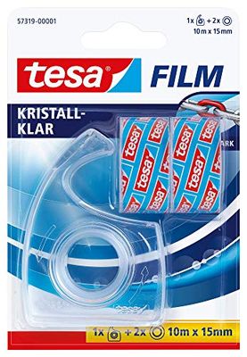 Tesafilm Lot de 2 Rubans Adhésifs Transparents + Dévidoir Manuel Easy Cut pour un Déroulage Facile – Rouleau Résistant et Hautement Adhésif – Usage Quotidien – Ruban 10 m x 15 mm