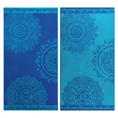 Superior Cotton Beach Towel Set, Absorbent Boho Floral Beach Towels for Swimming, Pool, Camping, Bathroom, Shower, Quick Drying Basics, Adult, Kids, Floral Mandala Collection, 34" x 64", Blue, 2 Piece