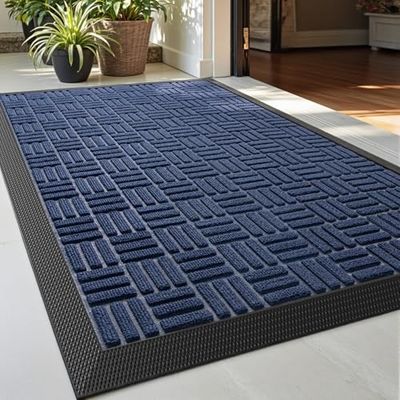 DEXI Voordeurmat, buiteningang, zwaar belastbare rubberen deurmat voor binnen en buiten, vervagingsbestendig, laag profiel, gemakkelijk schoon te maken patio entree, 43 x 73,7 cm, doolhof blauw