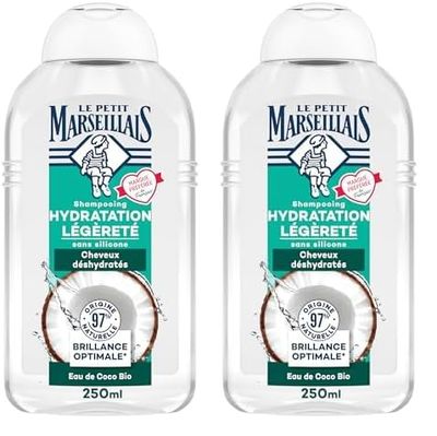Le Petit Marseillais - Shampooing Hydratation Légèreté Eau de Coco Bio (flacon de 250 ml) – Shampoing sans silicone pour cheveux déshydratés – Soin cheveux brillance optimale 97% d'origine naturelle