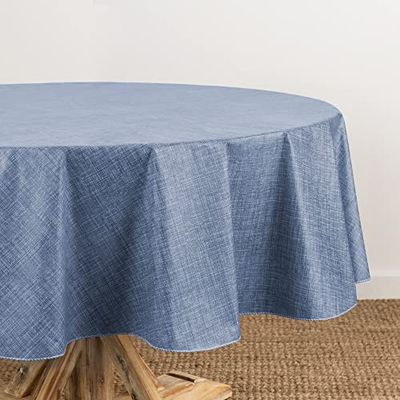 Elrene Home Fashions Monterey Linen Inspired Water- and Stain-Resistant Vinyl Tablecloth with Flannel Backing, 70 inches X 70 inches, Round, Blue