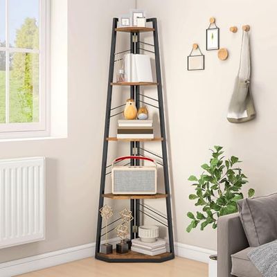 DWVO Scaffale angolare a 5 ripiani, libreria angolare con telaio in metallo, libreria industriale a scala da pavimento, scaffale alto per soggiorno, cucina, camera da letto, mensole rustiche marrone