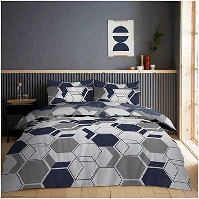 Super Dreamer King Size Bedding Sets with Fitted Sheet, Printed Geo Duvet Cover Sets, King Size Quilt Set, Printed Complete Bedset, Navy/Grey