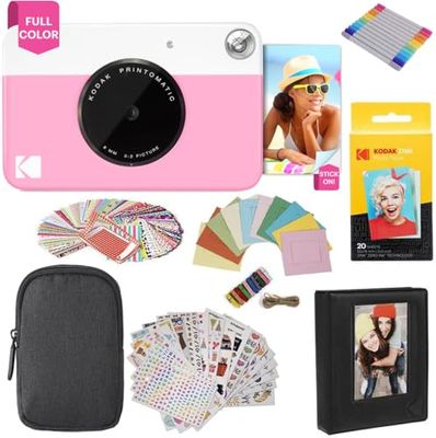 KODAK Printomatic Fotocamera (Rosa) Confezione Regalo + Carta Fotografica Zink (20 Fogli) + Tracolla e Altro
