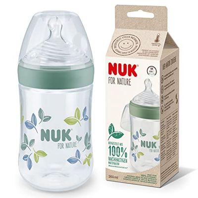 NUK for Nature Babyfles, middelgrote zuiger, 260 ml, van duurzame siliconen, simuleert natuurlijke borstvoeding, anti-kolieksysteem, temperatuurcontrole, BPA-vrij, groen