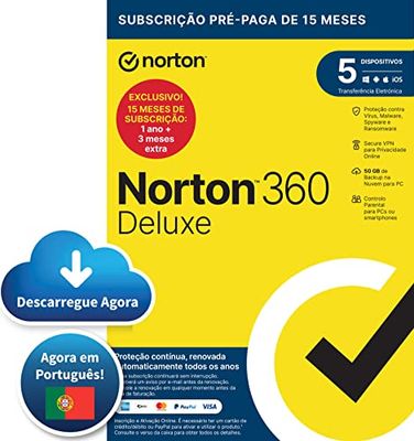 Norton 360 Deluxe 2024 - Software antivírus para 5 Dispositivos e 15 meses de subscrição com renovação automática,Controlo Parental e VPN segura|PC/Mac/Ios/Android| Código enviado por correio