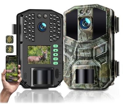 WOLFANG Vilddjurskamera 64 MP 4K HD, WiFi Bluetooth spårkamera, jaktkamera med mörkerseende rörelseaktiverad, IP66 vattentät, 0,1 s utlösningstid för vilddjursinspelning, inomhusövervakning