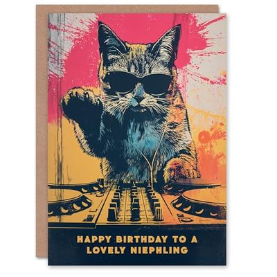 Artery8 Happy Birthday to a Lovely Niephling Grunge DJ Cat Lover Vinyl Decks Records Music Non Binary Gender Neutral Card