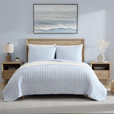 Nautica - Set copripiumino king size, double-face, in cotone, con federe abbinate, decorazione per la casa casual per tutte le stagioni (Coleridge a righe azzurro, king size)