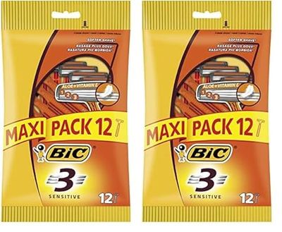 BIC 3 Sensitive, Men's Triple-Blade Sensitive Razors, Fixed Head for a Soft Shave, Pack of 24 Disposable Razors