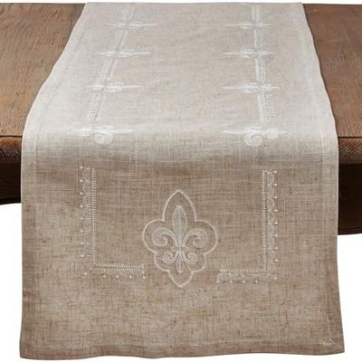 SARO LIFESTYLE 1681.N1672B Collection Embroidered Fleur-de-Lis Table Runner, 90% polyester-10% Linen, Natural