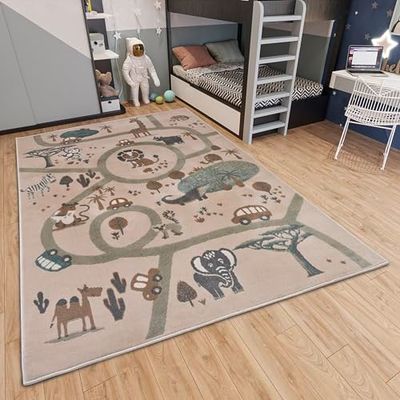 Hanse Home Adventures Alfombra Infantil, diseño de Animales, Selva, Calle, para habitación de niños, habitación Juvenil, salón, Color Crema, marrón y Gris, 160 x 235 cm