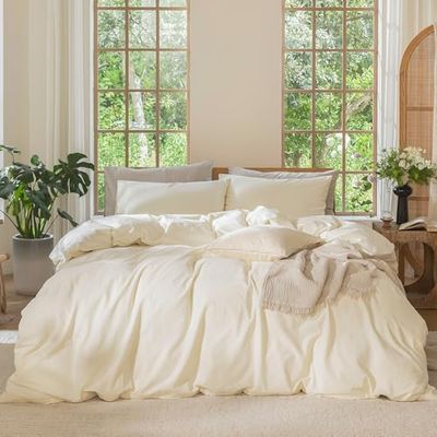 MooMee Juego de Ropa de Cama 100% algodón Lavado, con Textura, Transpirable, Duradera, Suave, cómoda, (Blanco Crema, tamaño King)