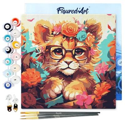 Figured'Art Mini Peinture par Numéro Adulte 20x20cm avec cadre Lionceau fantaisie et fleurs - Petit Format Kit de Loisir Créatif DIY Numéro d'Art Complet