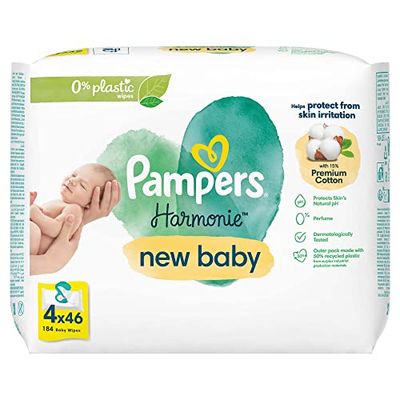 Pampers Harmonie New Baby Wipes Plastic Free 4 Packs = 184 Baby Wet Wipes