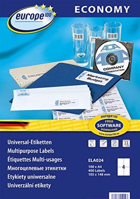 Europe100 Art. ELA024 - Etichette universali (400 etichette adesive, 105 x 148,5 mm, formato A4, carta opaca, stampabile, personalizzabile, autoadesive, compatibili con AVERY 3483), 100 fogli, bianco