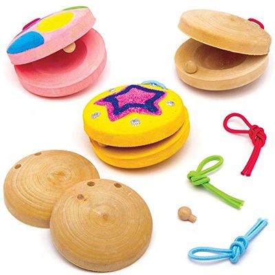 Baker Ross AT801 Wooden Castanet Kits - Pack of 3, For Kids Arts and Crafts Projects
